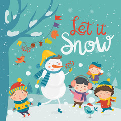 Cartoon illustration for holiday theme with happy snowman and children on winter background with trees and snow. Greeting card for Merry Christmas and Happy New Year. .Vector illustration.