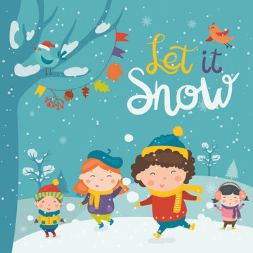 Cartoon illustration for holiday theme with happy children on winter background with trees and snow. Greeting card for Merry Christmas and Happy New Year..Vector illustration.