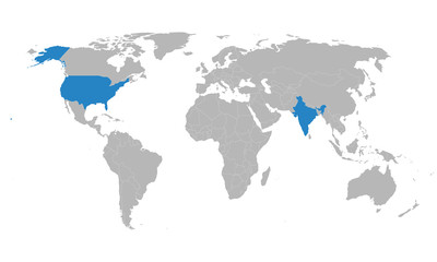 India, US map highlighted blue on world map vector. Gray background. Perfect for backgrounds, backdrop, business concepts, presentation, charts and wallpapers.