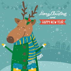 Cartoon illustration for holiday theme with happy reindeer on winter background with trees and snow. Greeting card for Merry Christmas and Happy New Year..Vector illustration.