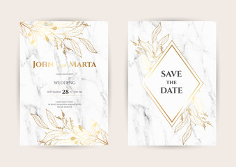 Luxury Marble Wedding invitation cards with gold geometric polygonal lines vector design template. Trendy templates for banner, flyer, poster, greeting. eps10