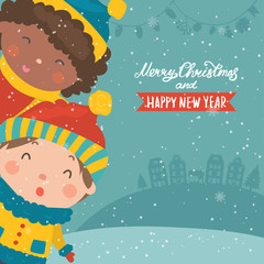 Fototapeta premium Cartoon illustration for holiday theme with happy children on winter background with trees and snow. Greeting card for Merry Christmas and Happy New Year..Vector illustration.