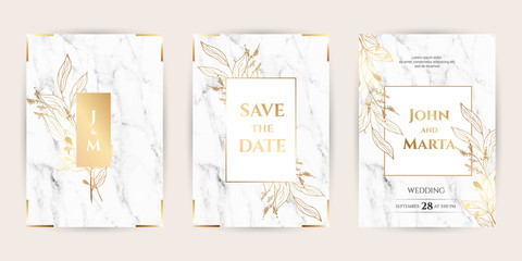 Luxury Marble Wedding invitation cards with gold geometric polygonal lines vector design template. Trendy templates for banner, flyer, poster, greeting. eps10