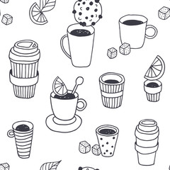 Tea time vector seamless pattern, coffee break background, hand drawn doodle plastic coffee and tea cups with dessert, sugar, lemon, mint on floral leaf background