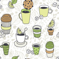 Tea time vector seamless pattern, coffee break background, hand drawn doodle plastic coffee and tea cups with dessert, sugar, lemon, mint on floral leaf background
