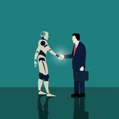 Businessman shaking AI robots hand for investment. human vs robot vector futuristic background. Illustration