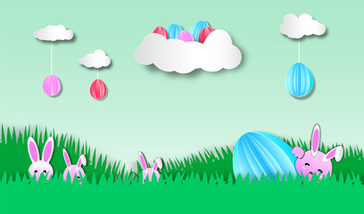 Fototapeta na wymiar Easter eggs on cloud with rabbits sneak in the grass for happy holiday,vector or illustration with paper art style