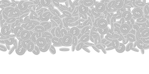 American dollar coins falling. Scattered black and