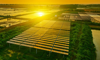 Aerial sunset solar photovoltaic outdoors