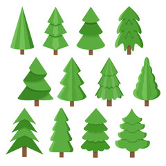 Vector set of cartoon Christmas trees, pines for greeting card, invitation, gift box, banner, web. New Years and xmas traditional symbol tree. 2020 winter holiday. Flat icons collection