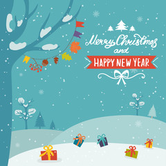 Fototapeta na wymiar Cartoon illustration and text for holiday theme on winter background with trees and snow. Greeting card for Merry Christmas and Happy New Year..Vector illustration.