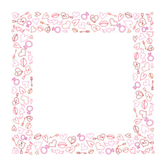 Ornament frame or border with red and pink hearts, arrows, wings and rings for Valentine'a Day greeting cards or backgrounds, stock vector illustration