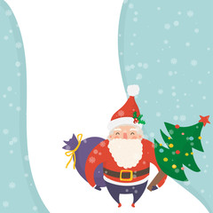 Cartoon illustration for holiday theme with happy Santa Claus on winter background with trees and snow. Greeting card for Merry Christmas and Happy New Year.Vector illustration.