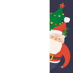Cartoon illustration for holiday theme with happy Santa Claus on winter background with trees and snow. Greeting card for Merry Christmas and Happy New Year.Vector illustration.