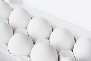 Fresh white chicken eggs in a package