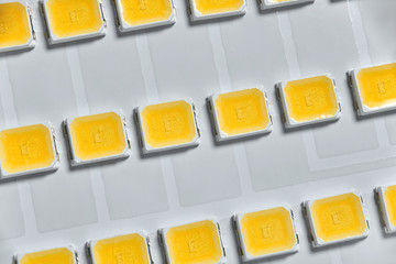 SMD LEDs on PCB board. macro photography of LED bulb elements