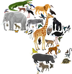 Obraz premium Vector Africa fauna map, flat elements. Animals, birds, reptiles, insects and amphibian big set. Geography infographic illustration