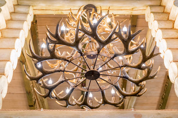Decorative deer horns chandelier hanging from ceiling close up