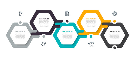 Vector infographic label design template with modern hexagon layout. Business concept with 5 steps, options.