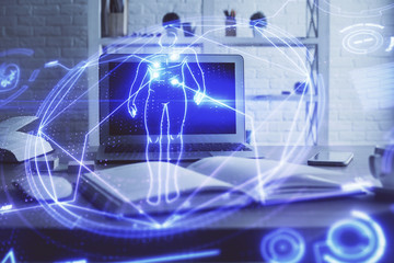 Desktop computer background and education theme drawing. Double exposure. Study concept.