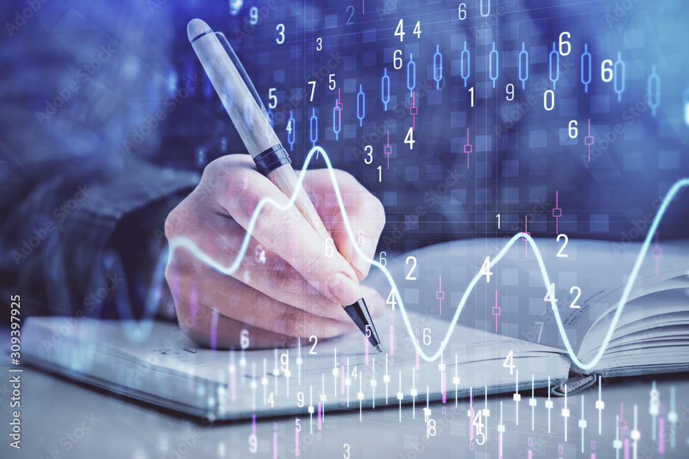 Poster double exposure of woman's hands making notes with forex graph hologram. concept technical analysis.
