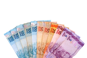 Brazilian money on white background. Brazilian Real banknotes. 