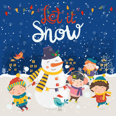 Cartoon illustration for holiday theme with happy snowman and children on winter background with trees and snow. Greeting card for Merry Christmas and Happy New Year. .Vector illustration.