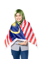 young and pretty woman with malaysian flag isolated on white background