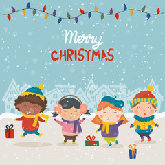 Fototapeta na wymiar Cartoon illustration for holiday theme with happy children on winter background with trees and snow. Greeting card for Merry Christmas and Happy New Year. Vector illustration.
