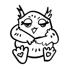 Cute hand Doodle owl drawn. Vector illustration in scandinavian style. Printable. Coloring page adult and kids.
