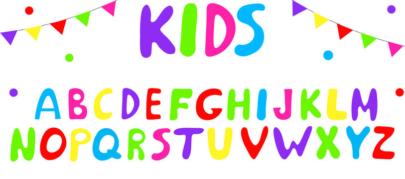 Children's font in cartoon style - a set of multi-colored bright letters for inscriptions and design. Isolated over white background. Vector illustration.