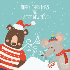 Cartoon illustration for holiday theme with happy bear and rat on winter background with trees and snow. Greeting card for Merry Christmas and Happy New Year. .Vector illustration.