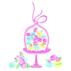 Sweet Macaroon Cake.  Pink, blue, yellow. Multi-colored cake decorated with flowers. Vector illustration.