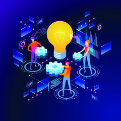 Page template of teamwork. Modern 3d isometric vector illustration of web page.  Design concept.