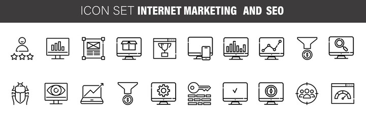 Simple Set of Marketing Related Vector Line Icons. Contains such Icons as Mail Marketing, Target Audience, Keywording,
