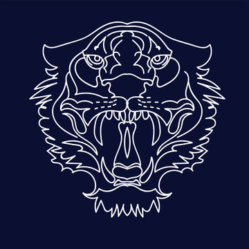 Vector line art picture of tiger. Stylized digital drawing of animal. Editable vector of Tiger head tribal tattoo logo. Flat illustration of a tiger head. Portrait of a predator. Tattoo wild cat.