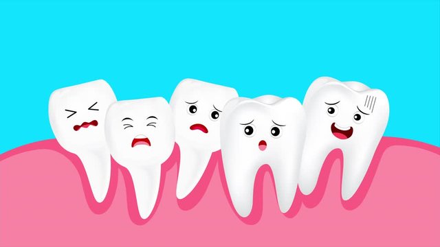 Crowding tooth, cute cartoon character. Dental problem concept, animation.