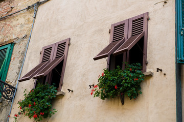 Fototapeta na wymiar window shutters with flowers hanging over sill