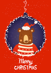 Fototapeta premium Cartoon illustration for holiday theme with happy bear on winter background with trees and snow. Greeting card for Merry Christmas and Happy New Year. .Vector illustration.