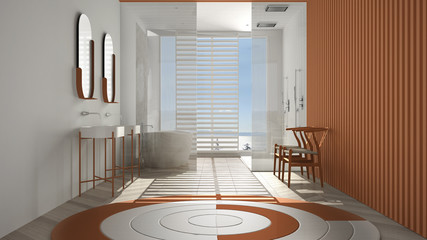 Luxury modern white and orange bathroom with herringbone parquet, panoramic window, sea panorama, bathtub, shower and double sink, interior design, minimal bright interior design