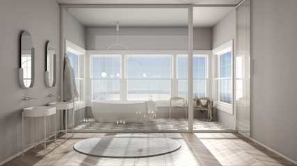 Scandinavian bathroom, parquet and beige tiles floor, stained glass window, panoramic view, bathtub, chairs and candles, washbasin and carpet, classic white vintage interior design