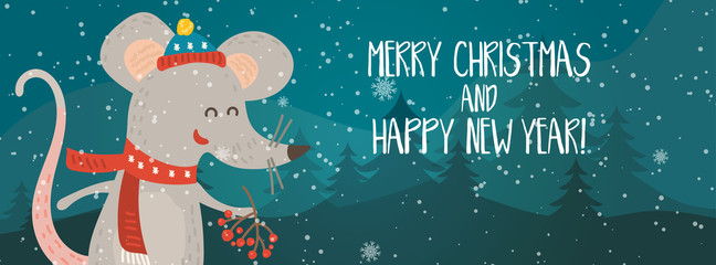 Cartoon illustration for holiday theme with happy rat,symbol of the 2020 year, on winter background with trees and snow. Banner for Merry Christmas and Happy New Year.Vector illustration.