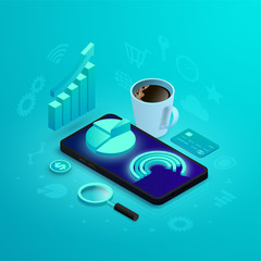 Financial performance analytics isometric concept. 3d graph data on phone screen. Strategic statistics digital information, research for business. Vector illustration for app, web, infographic, seo