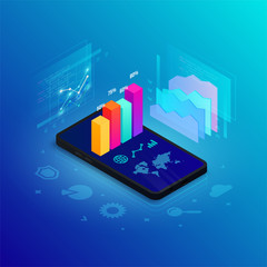 Digital analytics isometric concept. 3d graph data on phone screen, icons, virtual graphics. Statistics information report for business. Vector illustration for app, web, SEO, financial infographic