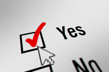 Close up of Yes and No Checkbox Marking Survey. Checking Yes Option on White Background