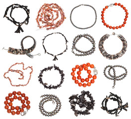 set of various pearls, coral, nacre necklaces