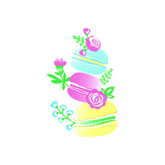 Sweet Macaroon Cake.  Pink, blue, yellow. Multi-colored cake decorated with flowers. Vector illustration.