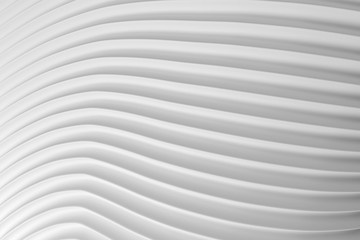 3D illustration of abstract horizontal white wavy corrugated surface similar to fabric with edge near or deformed surface of roofing sheet. Geometric curved background.