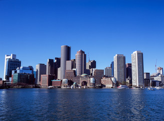 Fototapeta na wymiar Boston Skyline and Rowes Wharf from the Harbor