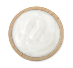 yogurt sour cream of wooden bowl isolated on white background